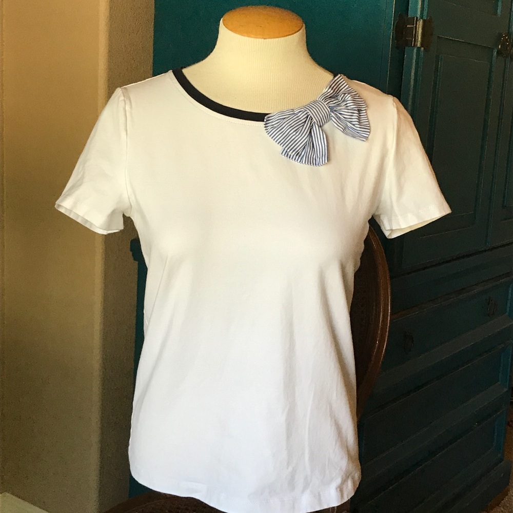 Women’s White Tee with Striped Bow Detail